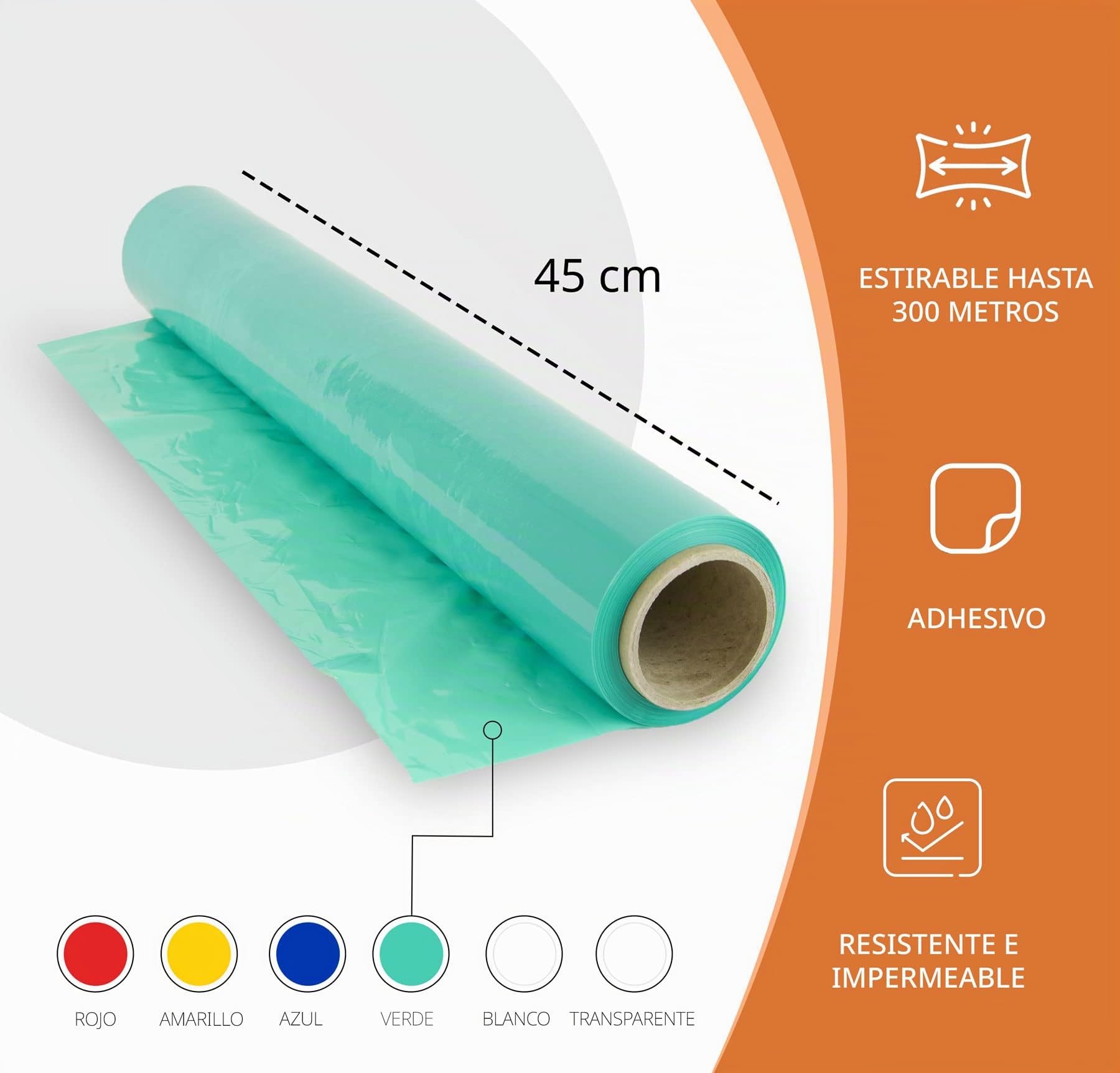 Film para Embalar, 50 cm de ancho y Estirable hasta 300 Metros de Longitud, Rollo Film Elástico para Embalaje, Film Colores Rojo, Verde, Azul, Amarillo, Transparente y Blanco - Ofituria (6 Rollos)