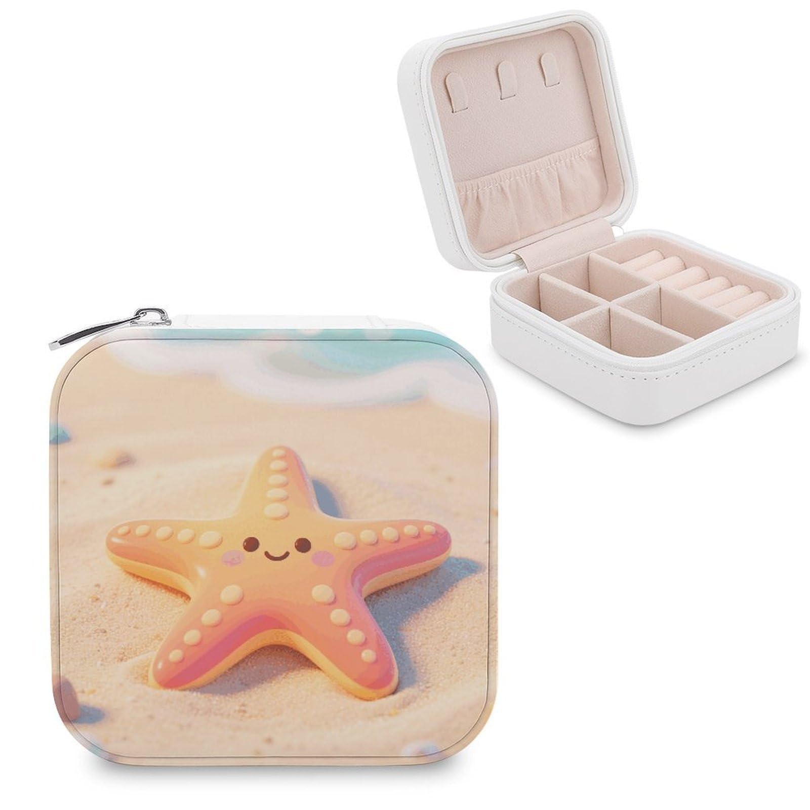 VstaDank Starfish Jewelry Box for Women Jewelry Organizer Storage Case with Zipper Mini Travel Jewelry Case Cute Trinket Organizer Leather Portable Jewelry Storage Box