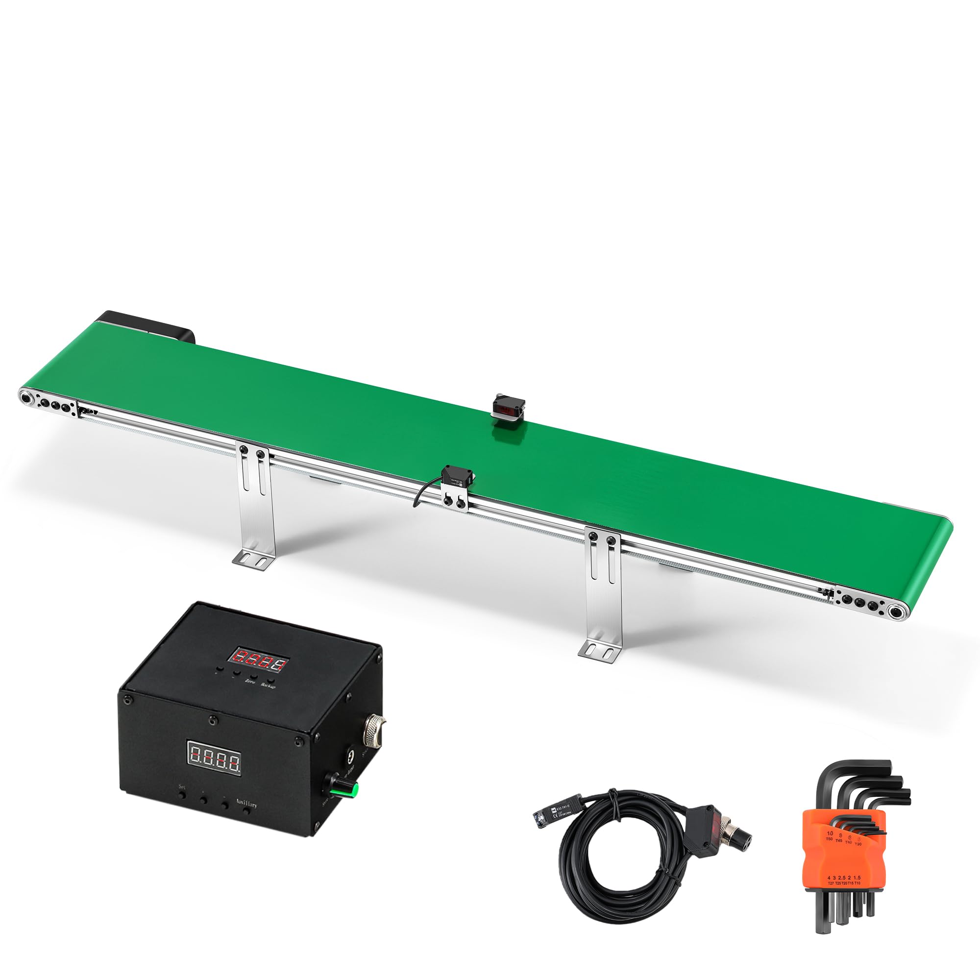 Nastro trasportatore da 39 pollici con sensore, Programma multi operazione, Versione desktop Regolazione della velocità senza passaggi Trasportatore in PVC per fabbrica di imballaggi, Linea
