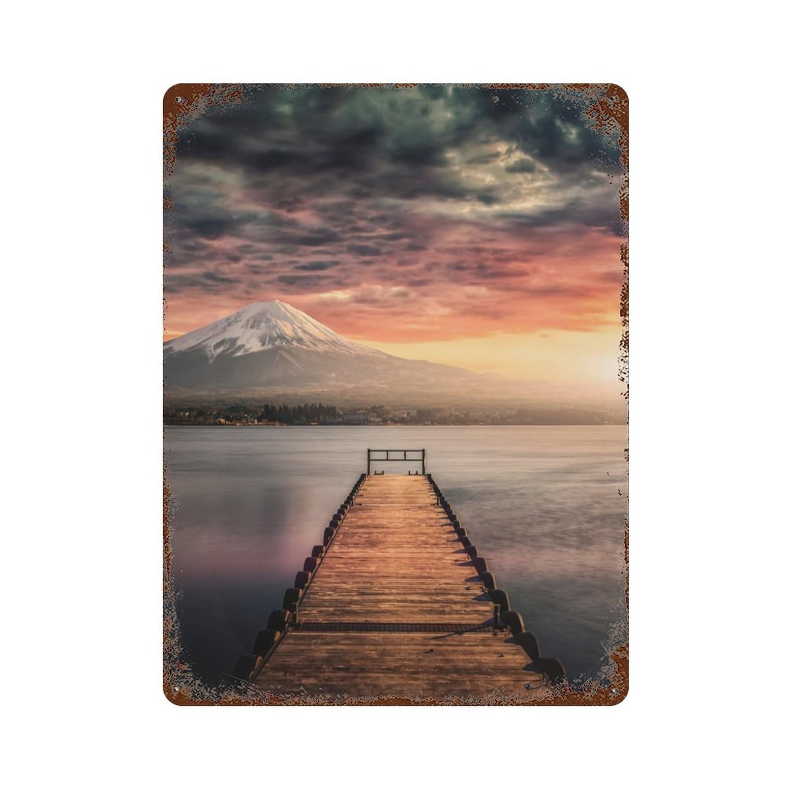 Mont Fuji Sunset Rust Effect Tin Sign 15.7"x11.8", Ideal for Garage, Bar And Workshop Decor