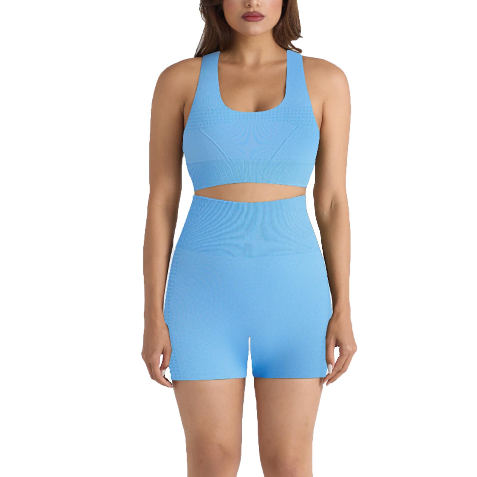 Workout Sets for Women 2 Piece Seamless Comfy Crop Tanks Tops and High Waist Shorts Yoga Outfits Summer Sweatsuit Sky Blue