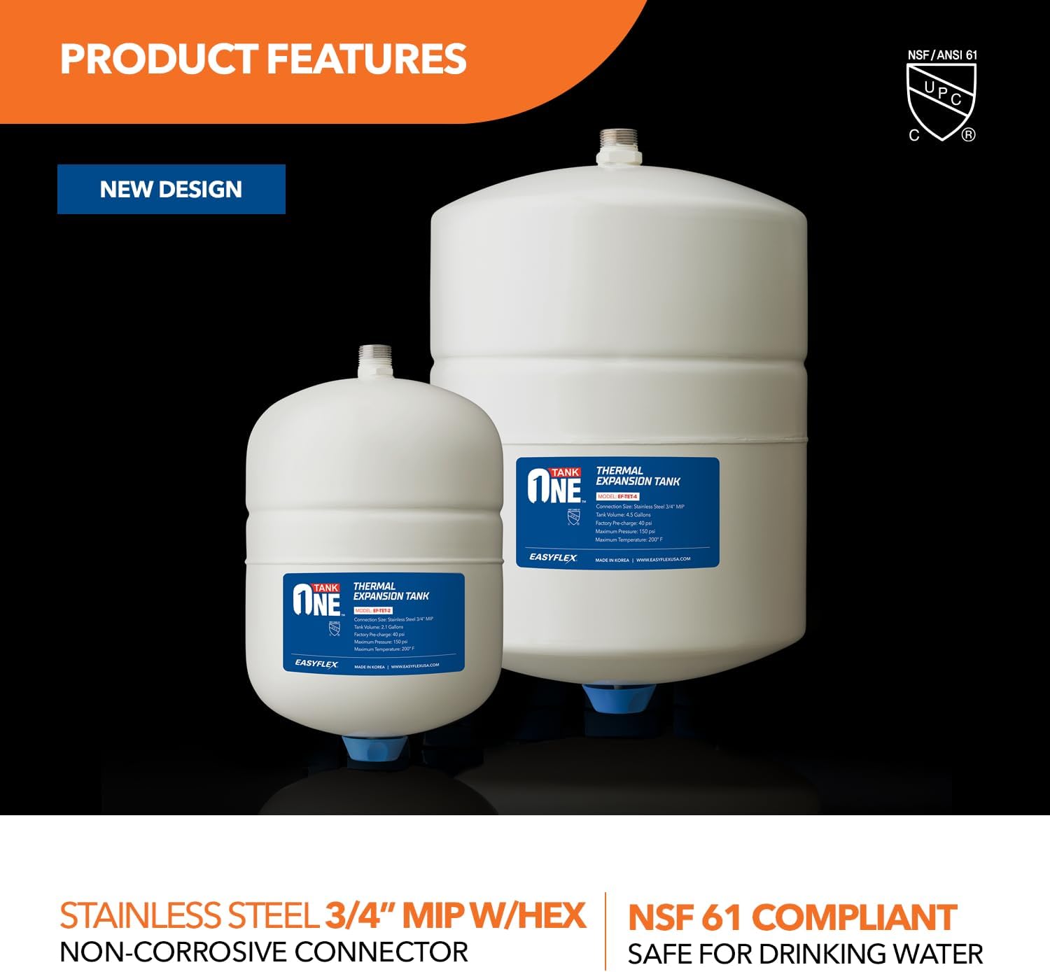 2.1 Gallon Thermal Expansion Tank, 304 Grade Stainless Steel 3/4" MNPT Connection, Butyl Rubber Diaphragm, Prevent hot water from backflowing into the cold water pipe line