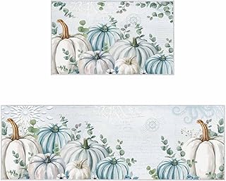 Teamery Kitchen Mats for Floor Thanksgiving Blue Pumpkin Washable Non Slip Kitchen Rugs 2PCS, Eucalyptus Leaves Absorbent Standing Mats for Sink Bathroom Office Living Room 15.7x23.6in+15.7x47.2in