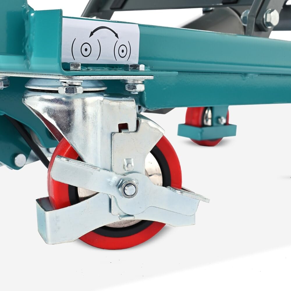 Ameise Scheren-Hubtischwagen LTT | 220-720 mm Hubbereich | 150 kg Tragkraft | 700x450 mm Plattform | Fahrbarer Hubtisch mit klappbarem Bügel | Fußbetriebene Hydraulikpumpe | Stahl | Türkisblau