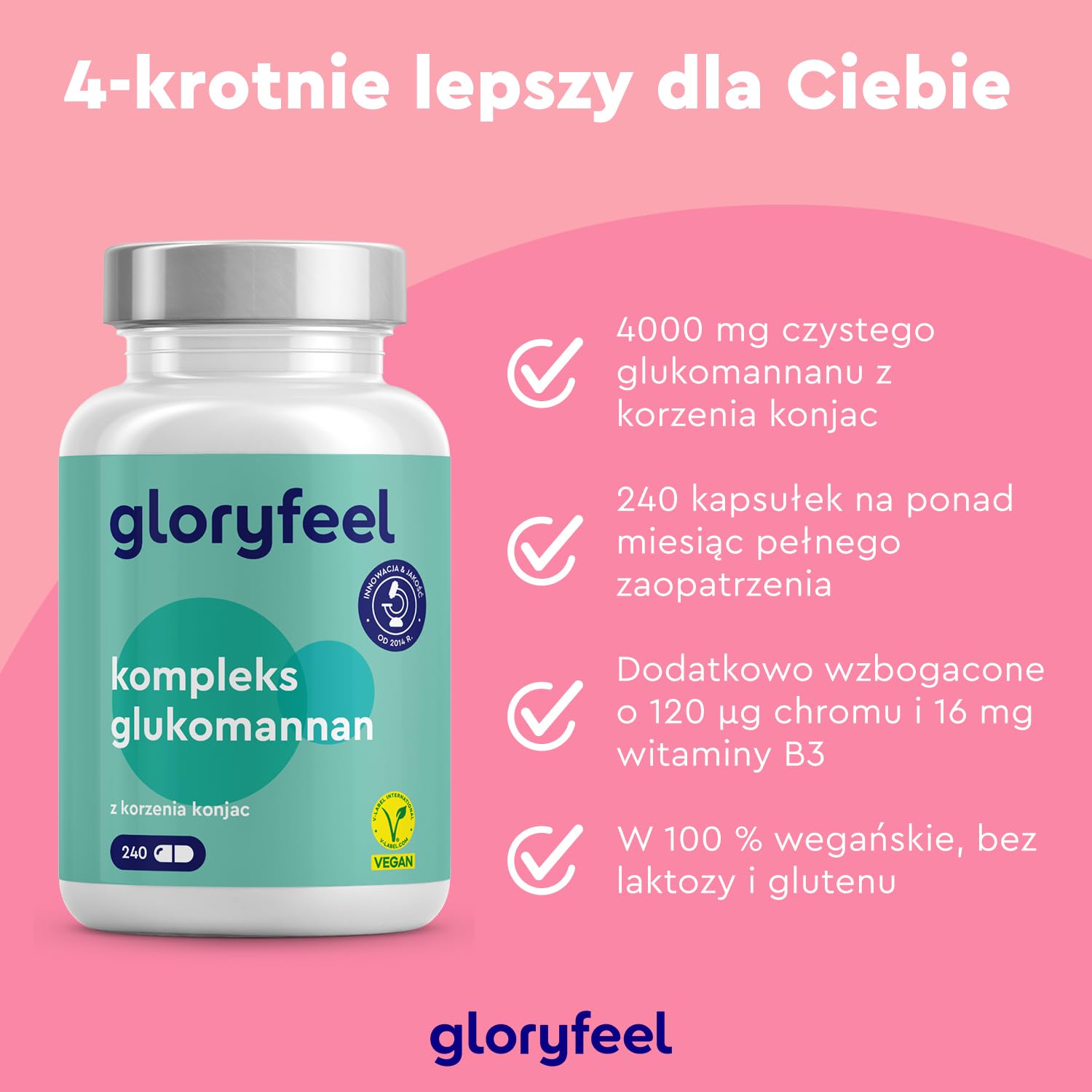Glukomannan wysokodawkowy - 240 kapsułek - Korzeń Konjac na odchudzanie * - 4000 mg glukomannanu na dzienną dawkę - Z niacyną i chromem - 100% wegańskie i bez niepożądanych dodatków