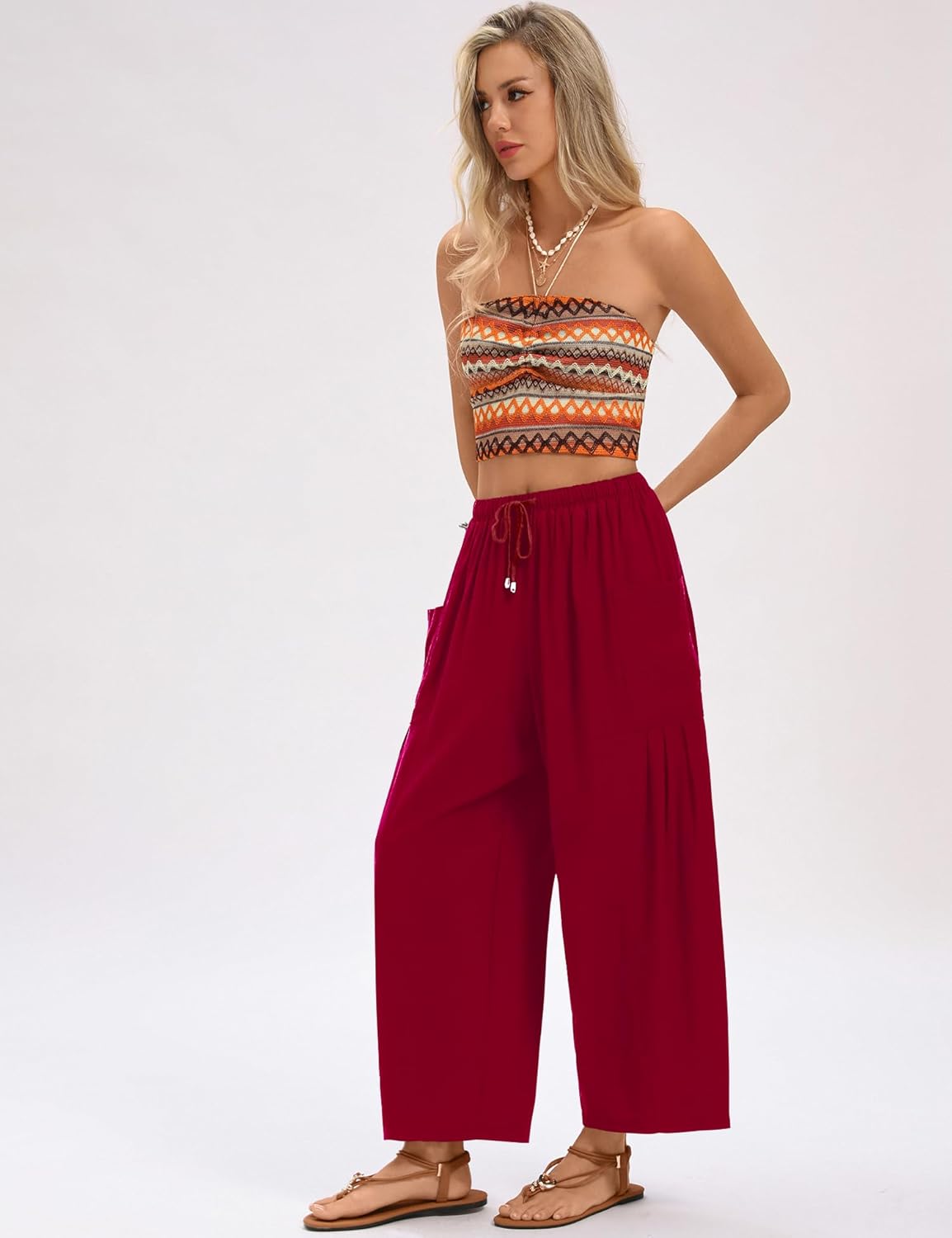 LOMON Womens Wide Leg Linen Pants Casual Drawstring Palazzo Harem Pants Summer Loose Beach Travel Vacation Pants with Pockets - Image 5