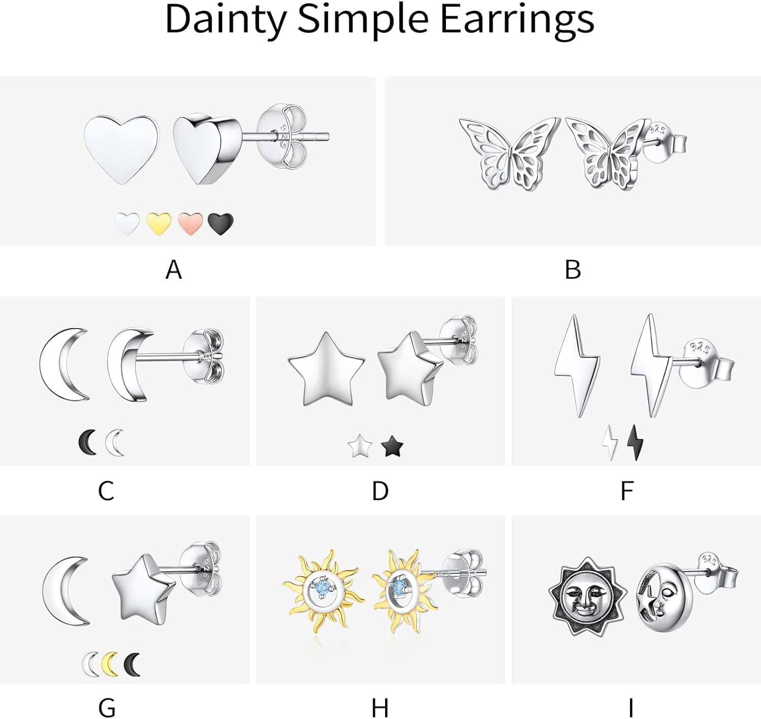 ChicSilver 925 Sterling Silver Stud Earrings Hypoallergenic, Dainty Simple Heart/Star/Moon/Lightning/Butterfly Earrings for Women with Gift Box - Image 8