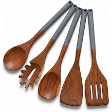 DI ORO Wooden Kitchen Utensil Set - 5 Pc Spoon & Spatula, Dark Grey