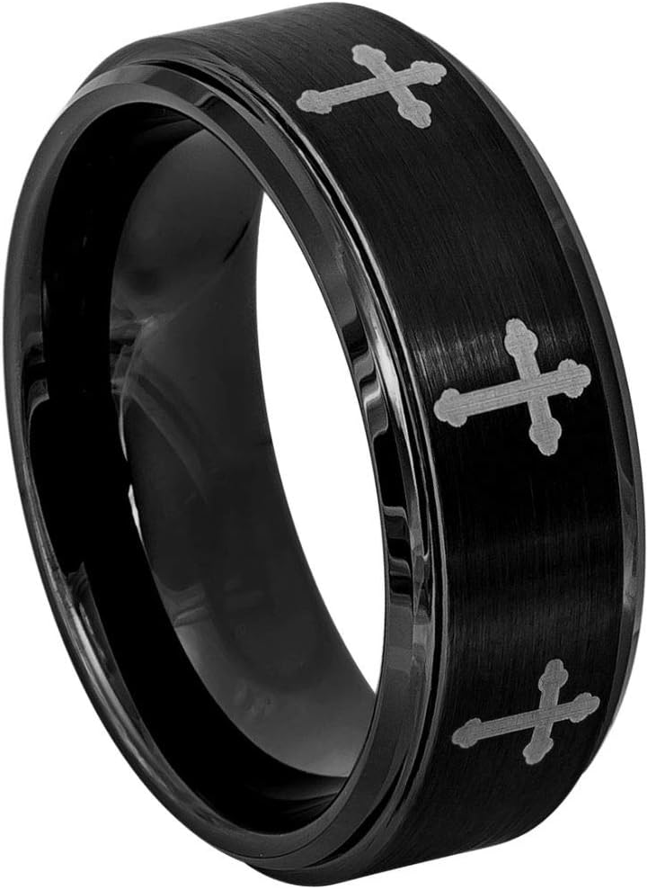 8MM Comfort Fit Tungsten Carbide Wedding Band Black IP Brushed Engraved Crosses Tungsten Ring (7 to 15)