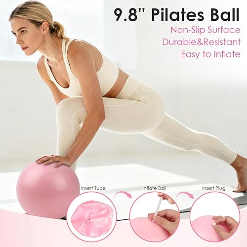 Miniatura 6 de Juego de 16 anillos y bolas de pilates rosas para mujer con círculo mágico de 15 pulgadas, kit de equipo de pilates para el hogar con peso ajustable