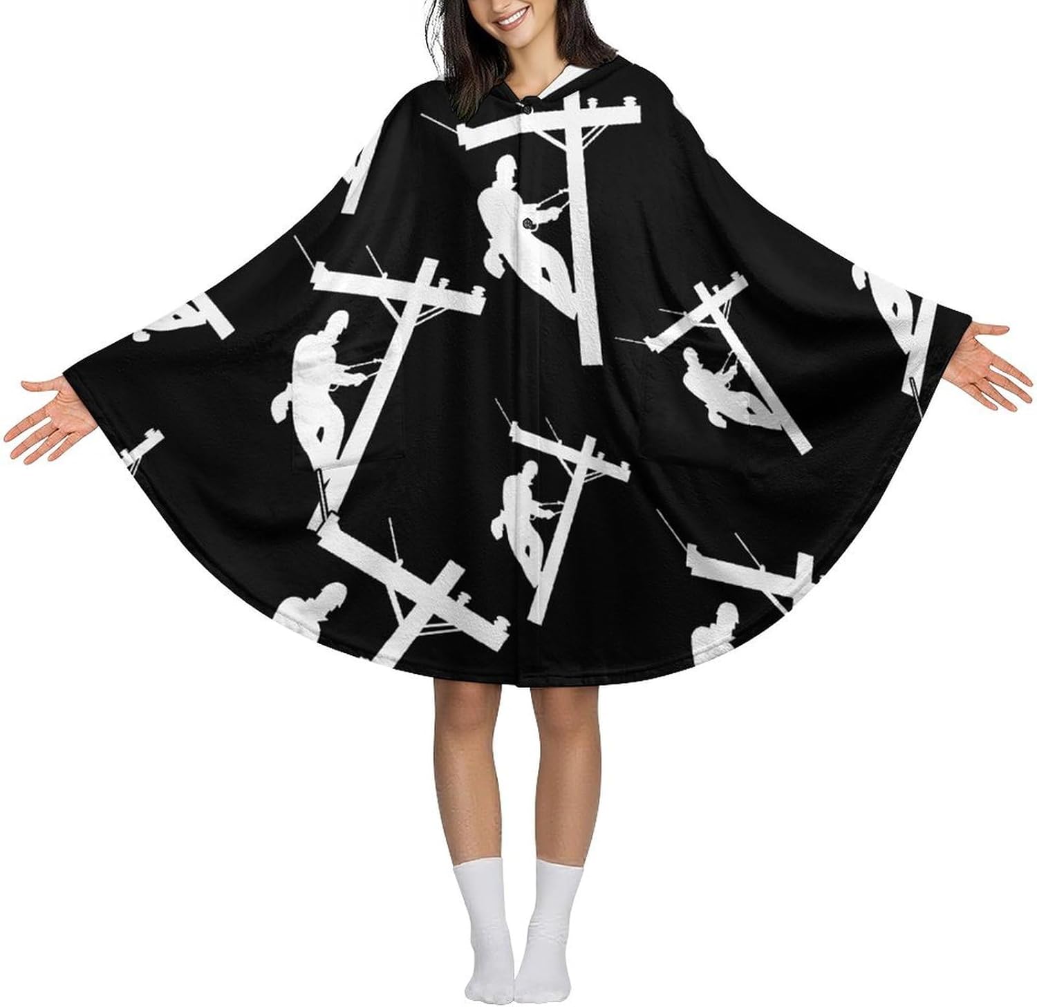 Electric Cable Lineman Wearable Blanket with Hooded Flannel Blankets Cape with Pocket