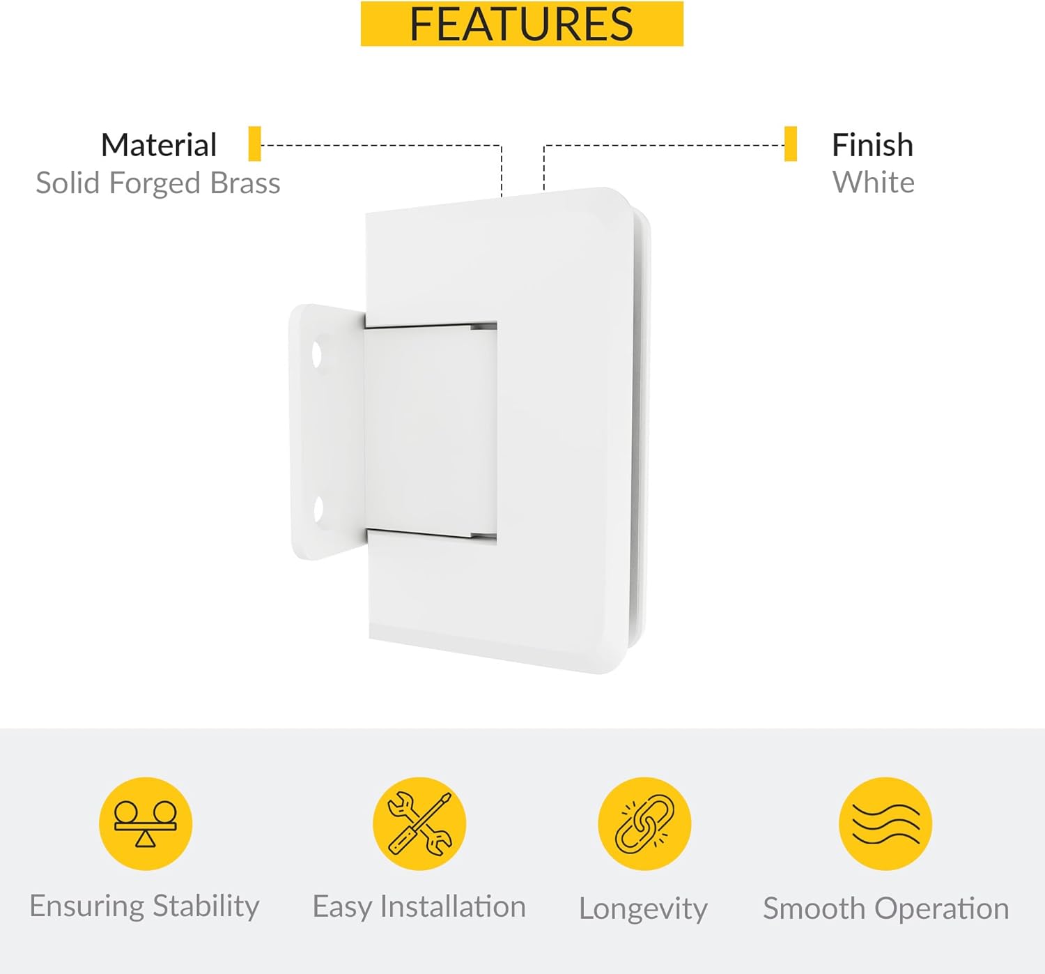 Brixwell Glass to Wall Mount Shower Door Hinge, Solid Forged Brass, White, with Short Back Plate, 3/8" and 1/2" Glass Thickness, 3-9/16" Height, Frameless Shower Hardware