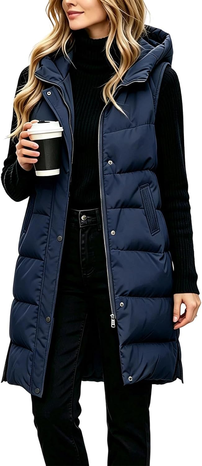 Womens Quilted Puffer Vest Hooded Sleeveless Long Zip Up Winter Coat
