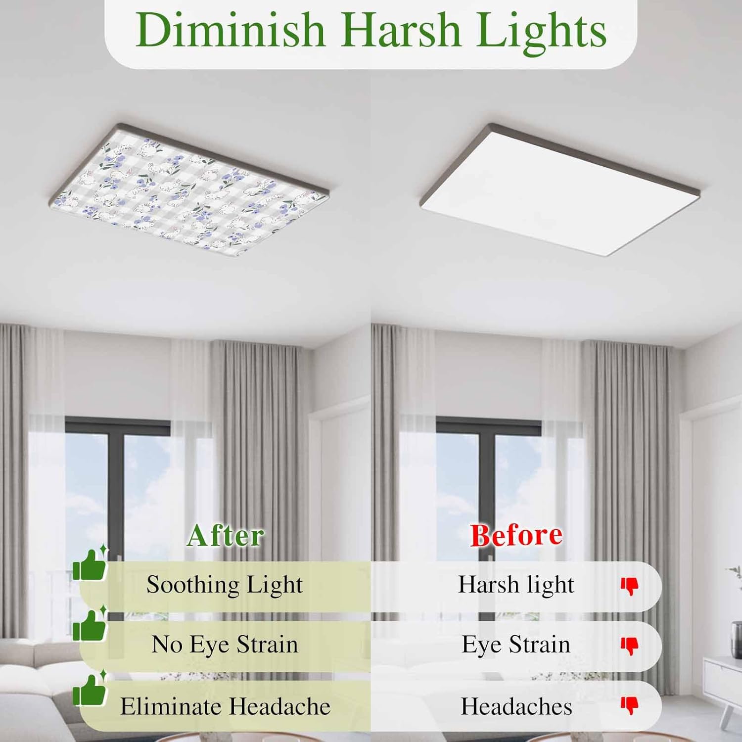 2x4 ft Fluorescent Light Cover for Ceiling Easter Cute Rabbit Bunny Flower Magnetic Light Filters, Gray Buffalo Plaid Ceiling Lampshades for Home School Office 4Pcs