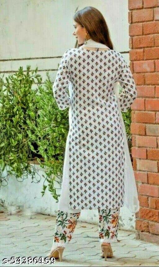 Image of GoSriKi Women's Pure Cotton Straight Printed Kurta, Palazzos & Dupatta (JANHVI-WHITE-02 GO)