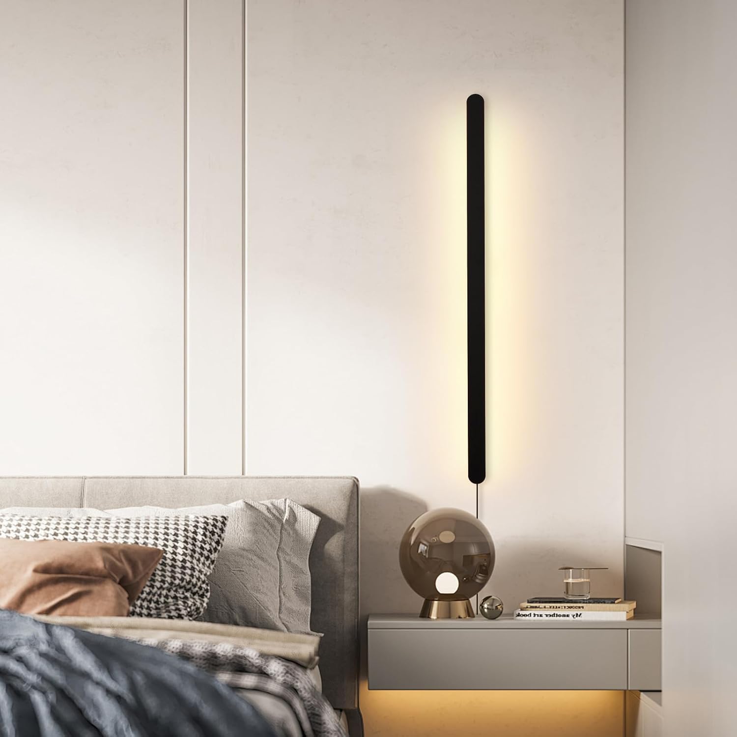 Modern Plug in LED Wall Sconce,39" Black Matte Long Wall Lights,20W Warm White 3000K Acrylic Indoor Wall lamp,with 59" Plug Cable for Bedroom,Living Room,Hallway