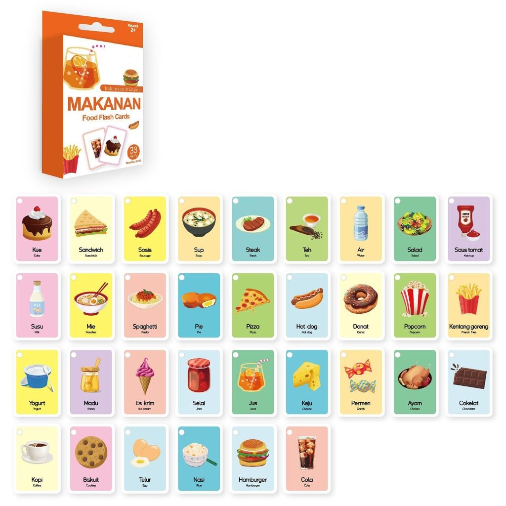 GMBYLBY 33Pcs Bilingual Language Flashcards For Kids Indonesian English Animal Words Fun Learning Tool Home Or