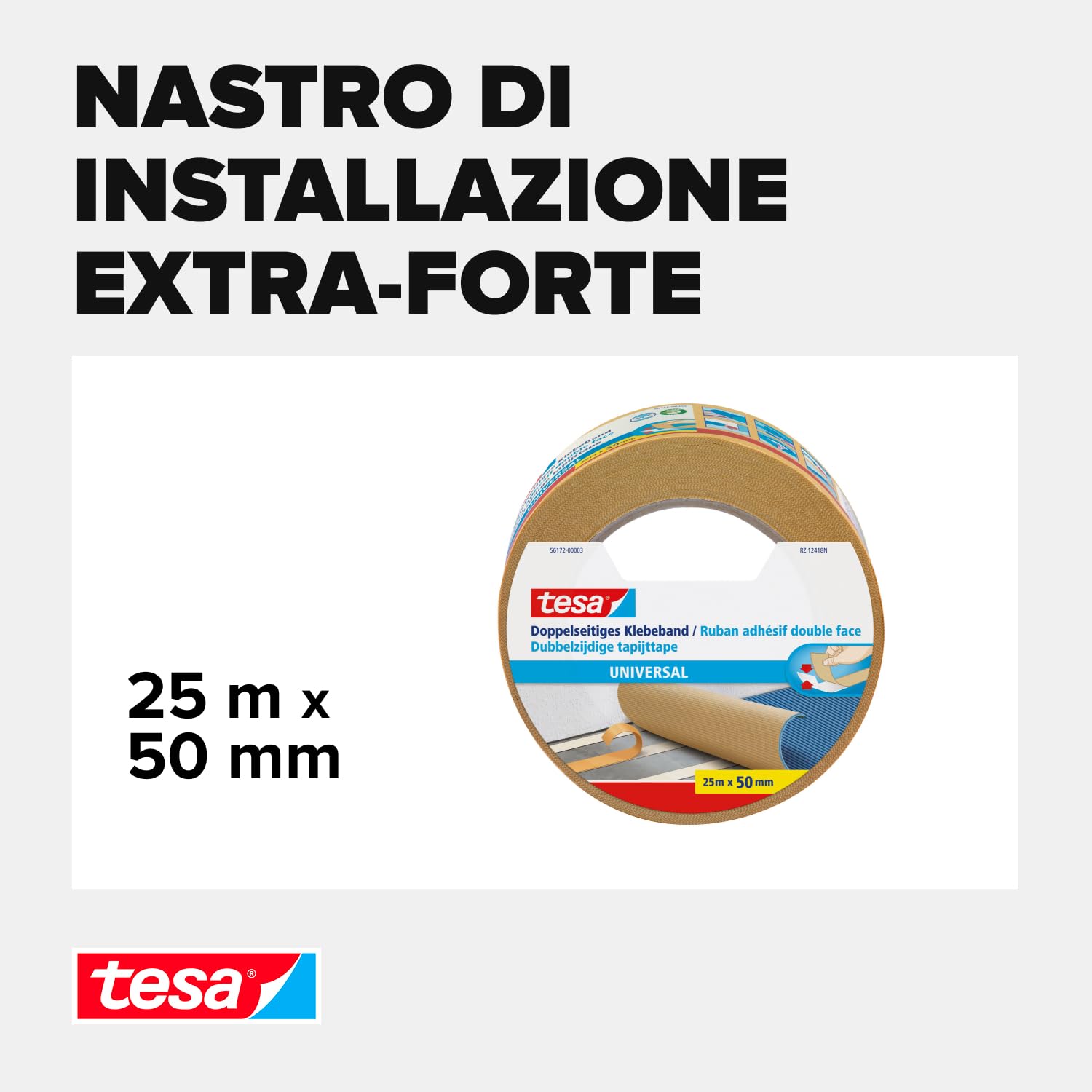 Tesa 56172-00003-11 Nastro Di Installazione Universale 25 M X 50 Mm Doppia Faccia, Transparent, 25m x 50mm