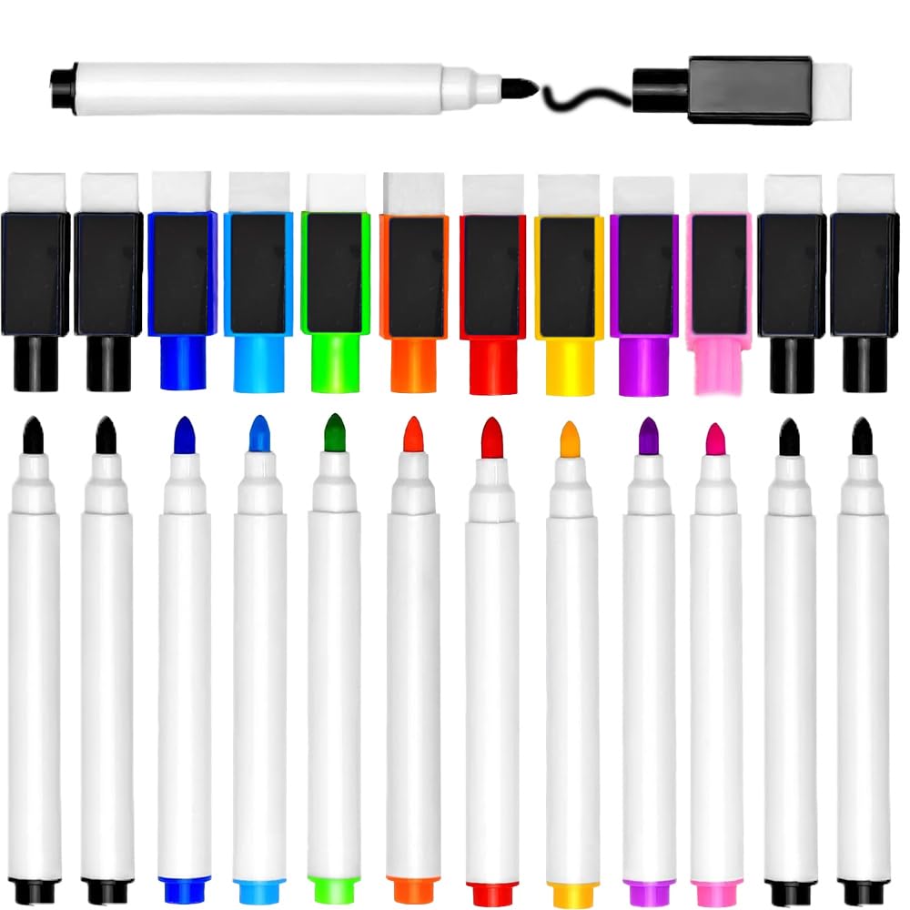 Magnetic Whiteboard Markers 12 Pcs, Magic Markers, Whiteboard Marker with Eraser are Optimal for Home and Office Supplies (9 Colours)