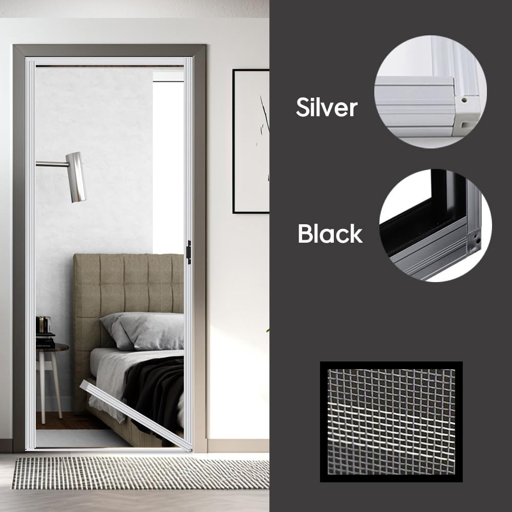 Custom Cut to Size,[ Grey, W xH (inch)], Aluminum Retractable Front Screen Door net,Fiberglass mesh with alumium, Mosquito Screens I Bug Net for Doors (W 40 x H 83(inch), Folding)