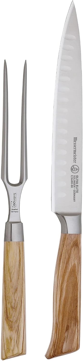 Messermeister Oliva Elite Kullenschliff Carving Knife Set - Includes 8” Kullenschliff Carving Knife & 6” Straight Carving Fork - German Steel Alloy Blade & Mediterranean Wood Handle