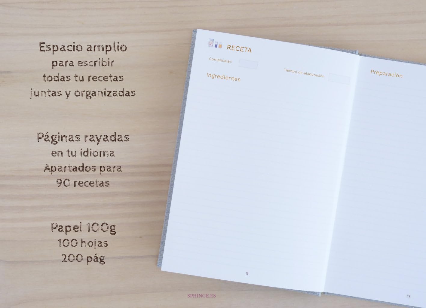 Sphinge Recetario en blanco personalizado con tu nombre 15x21 | Libro de cocina para escribir 90 recetas con índice | Castellano català português | Tapa dura de tela A5 | SIN cuchara