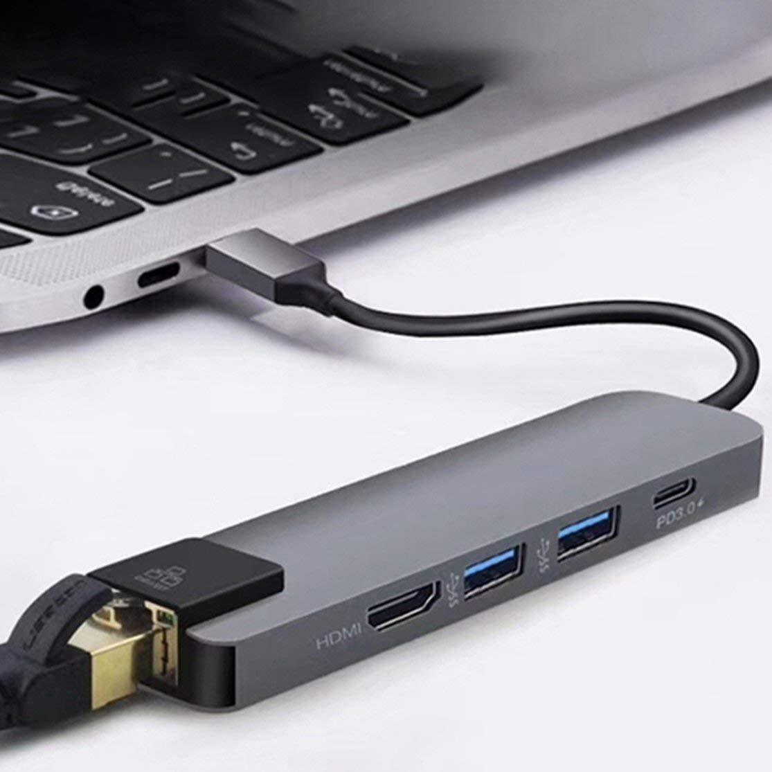 5 w 1 wielofunkcyjny hub USB typu C Hdmi 4K USB C hub do Gigabit Ethernet Rj45 Lan adapter 3 ładowarka USB-C; szary Candybarbar