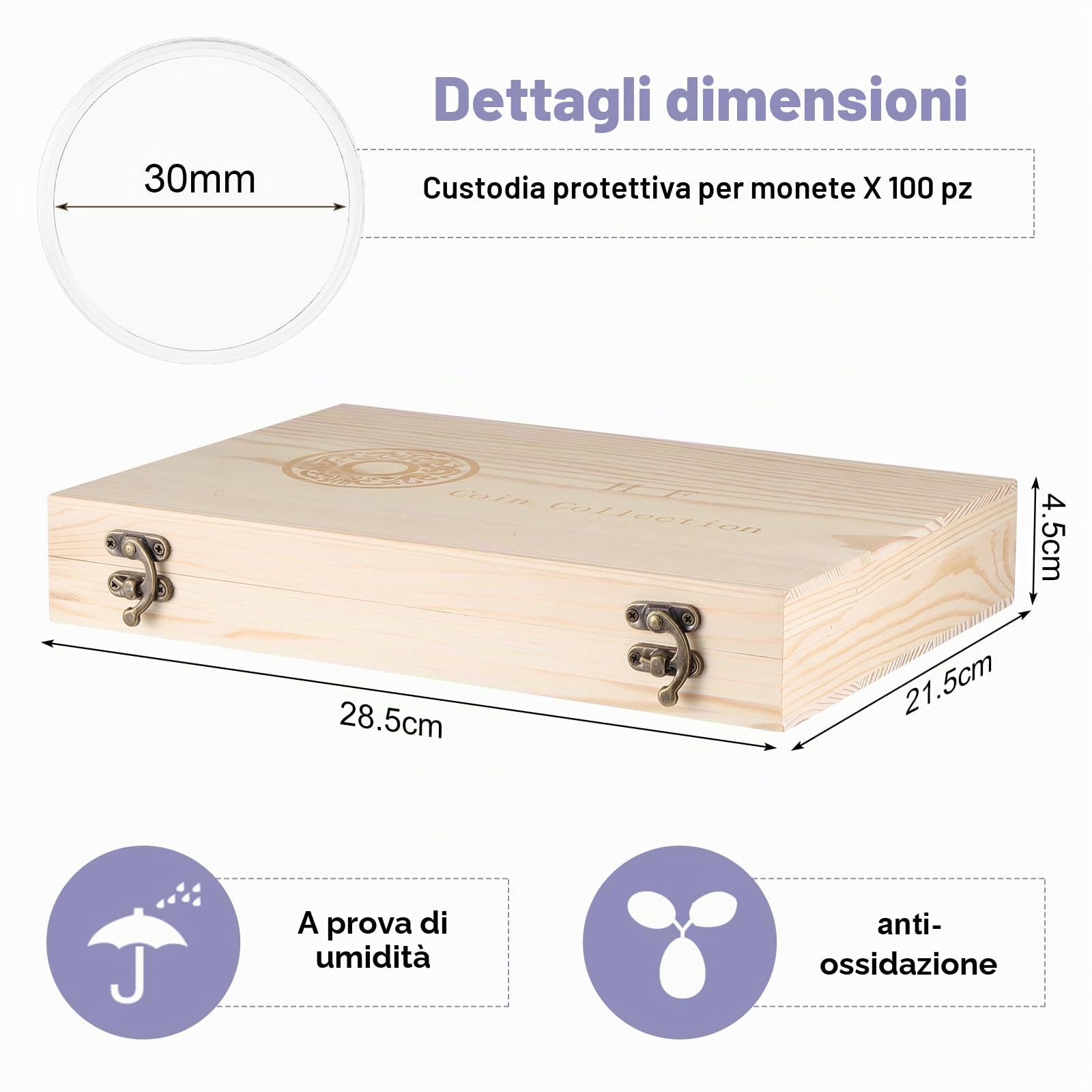 Capsule per Monete, Scatola per Raccolta di Monete in Legno, Portamonete da Collezione, Portamonete in Legno per Collezionisti 18mm, 21mm, 25mm, 27mm, 30mm (100 Capsule per Monete)
