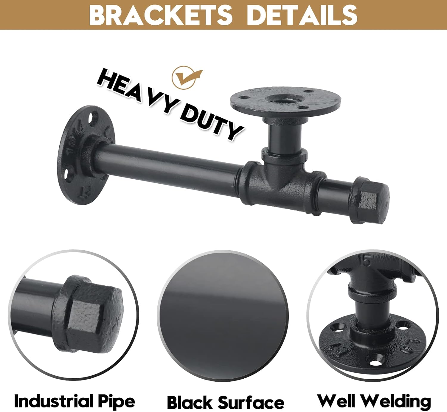 AddGrace 6 Pack Pipe Shelf Brackets 8 inches, DIY Industrial Floating Shelf Brackets Heavy Duty, Decorative Vintage Look Rustic Shelf Brackets, Wall Mounted Anti-Rust Shelf Supports