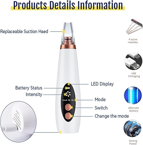 Miniatura 6 de Aspiradora removedor de puntos negros, removedor de cabeza negra para cara, extractor de puntos negros con 3 potencia de succión, 6 sondas de