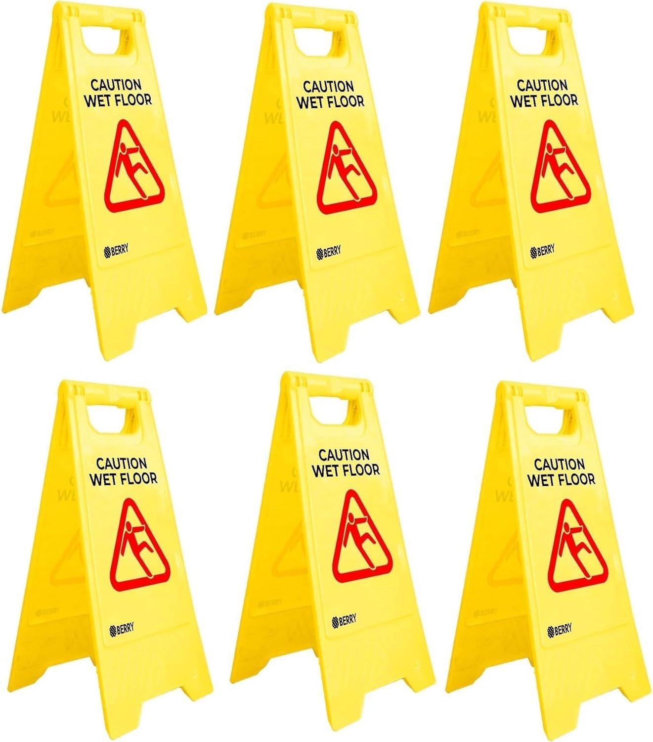 Berry Wet Floor Sign Yellow | Foldable Type A Slippery Floor Warning Sign | Free Standing Caution Wet Floor Sign for Shops, Hotels, Restaurants, Offices & Public Areas - Pack of 6