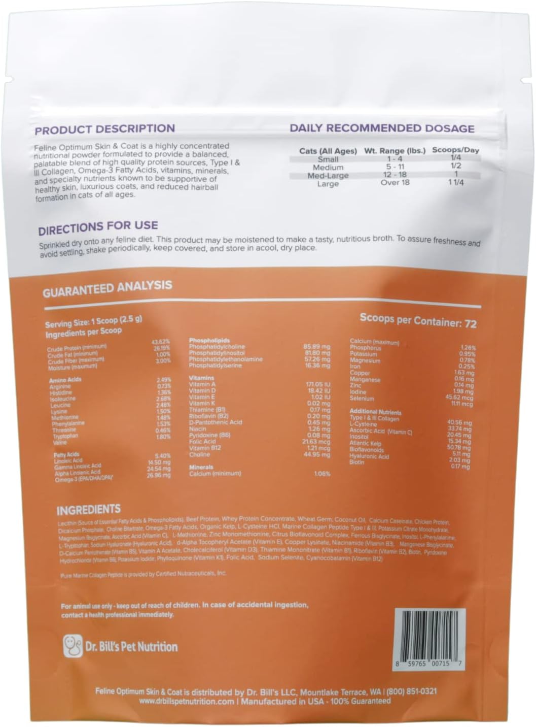 Dr. Bill’s Feline Optimum Skin & Coat (180g) – Healthy Fur for Cats – Reduce Shedding and Hairballs with Biotin, Type I & III Marine Collagen, Omega-3 Fatty Acids, Hyaluronic Acid, & Folic Acid : Pet Supplies