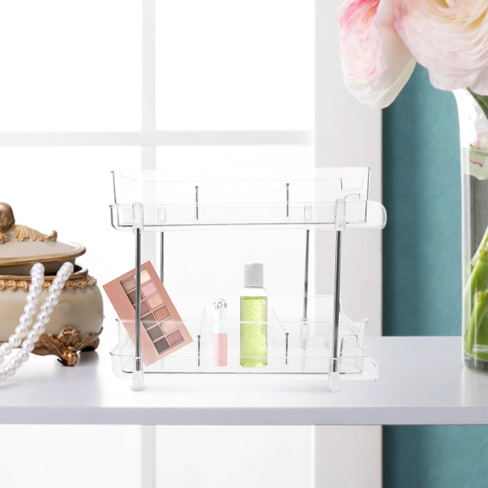 Abaodam Organizer Cosmetici da Tavolo a Due Livelli in Pet e Acciaio Inox | Piano Lavabo, Finitura Trasparente, Struttura Estraibile, Lavorazione Precisa e Stabile