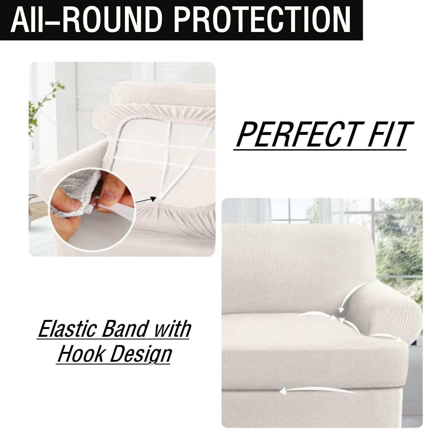 3-Piece T-Cushion Sofa Slipcover – Premium Stretch Sofa Cover for T-Cushion Couches (Fits Up to 90" Wide) – Includes 2 T-Shaped Seat Covers + Back Cover (White, Love seat XL)
