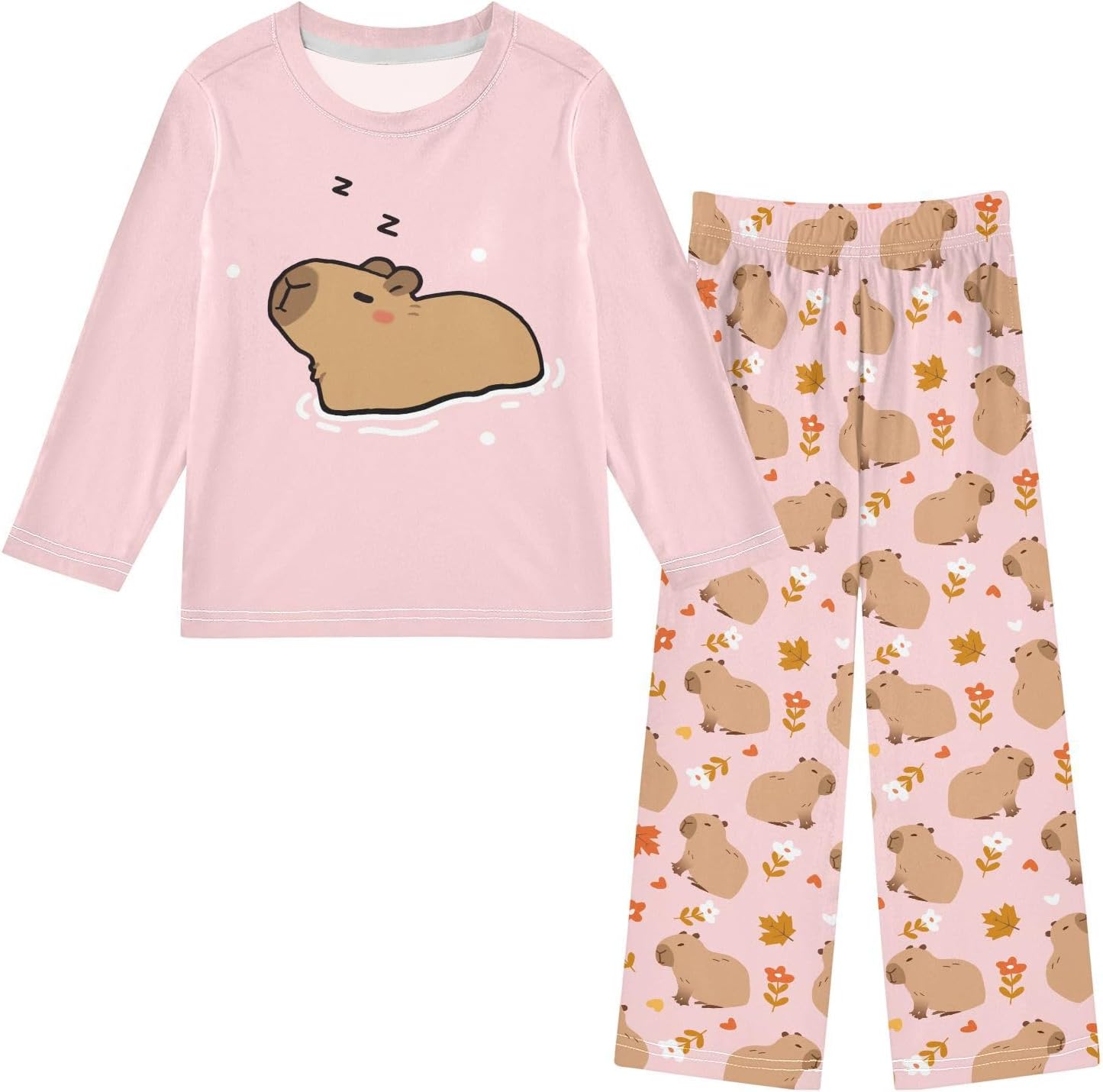senya Cute Capybara Flying Pajamas 2 Piece Set Long Sleeve Soft Sleepwear for 3-11 Years