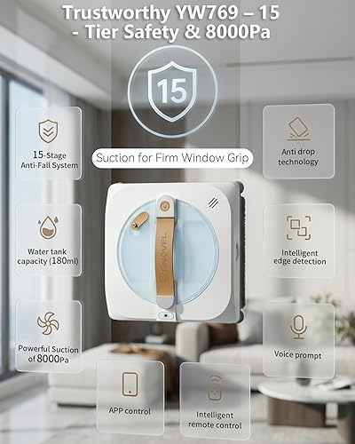 Miniatura 4 de Robot de limpieza de ventanas con 8000Pa, robot limpiador de ventanas mejorado 2025 con planificación inteligente de caminos, anticaídas de 15