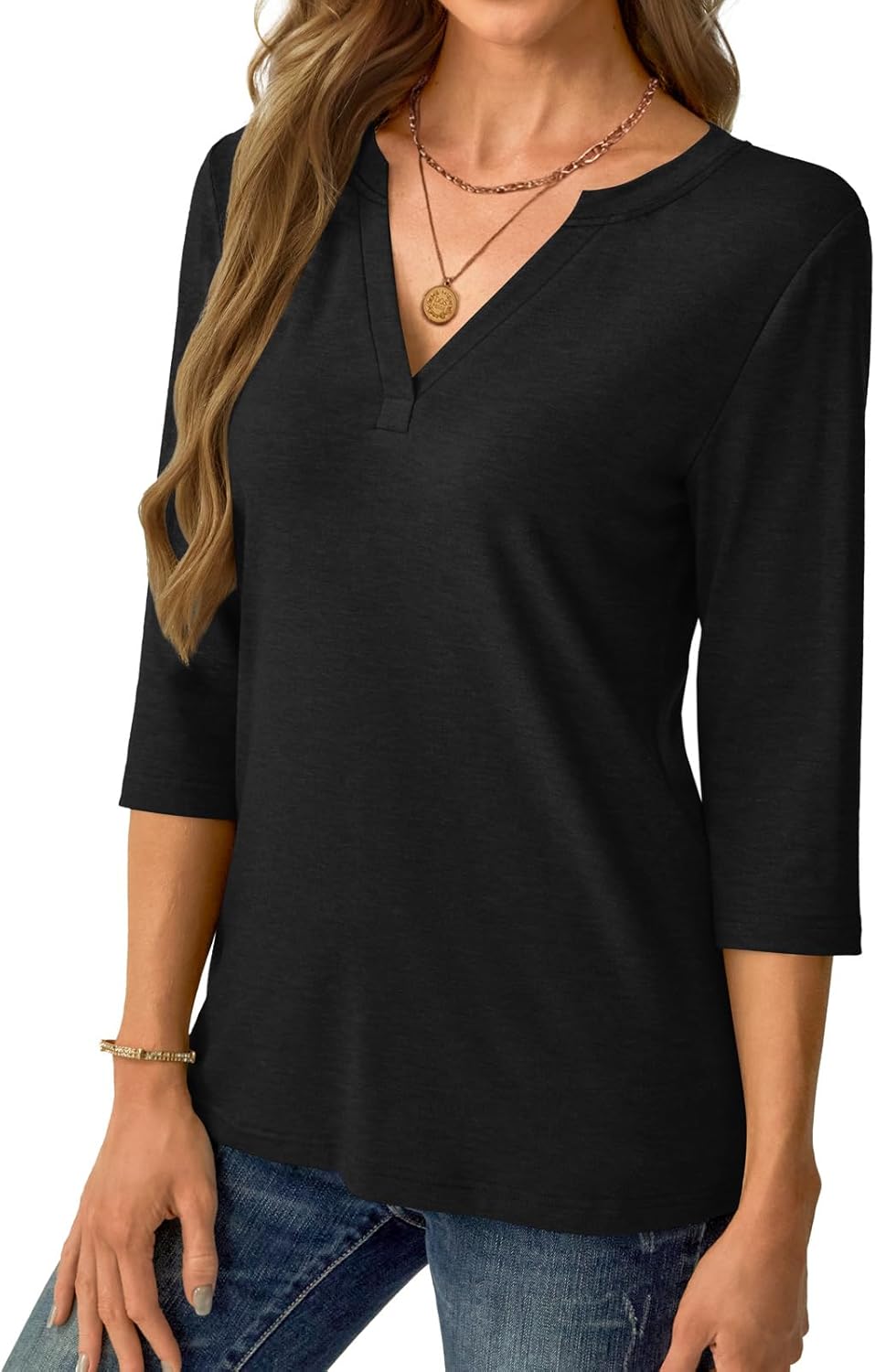 Womens Tops 3/4 Sleeve V Neck Spring Summer Work Tunic Shirts Business Dressy Casual Blouses - Image 4