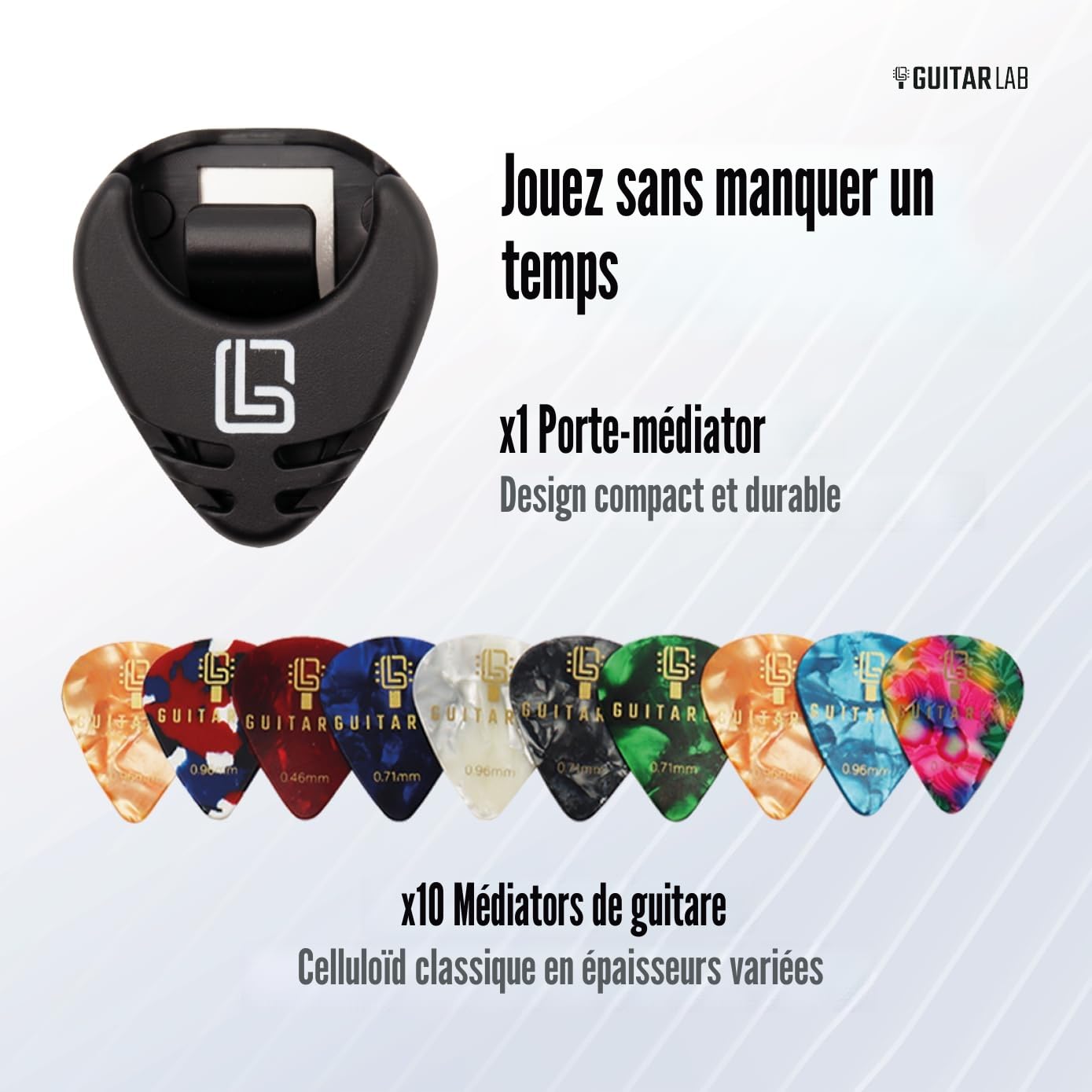 Guitar Lab Support de médiators et 10 médiators pour acoustique – Médiators en celluloïd – Guitare acoustique, électrique, basse et ukulélé – Ensemble fin, moyen et épais