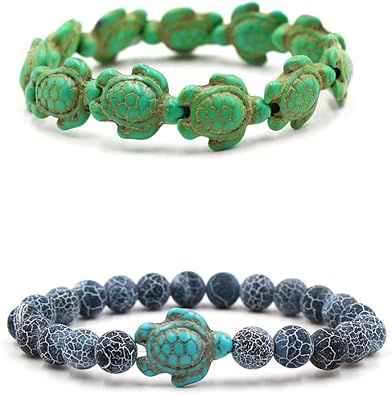 Soyzvteo 2Pcs Sea Turtles Beads Bracelet Elastic Natural Stone Stretch Bracelet Turquoise Turtle Bracelets Friendship Gifts for Women Men Girls