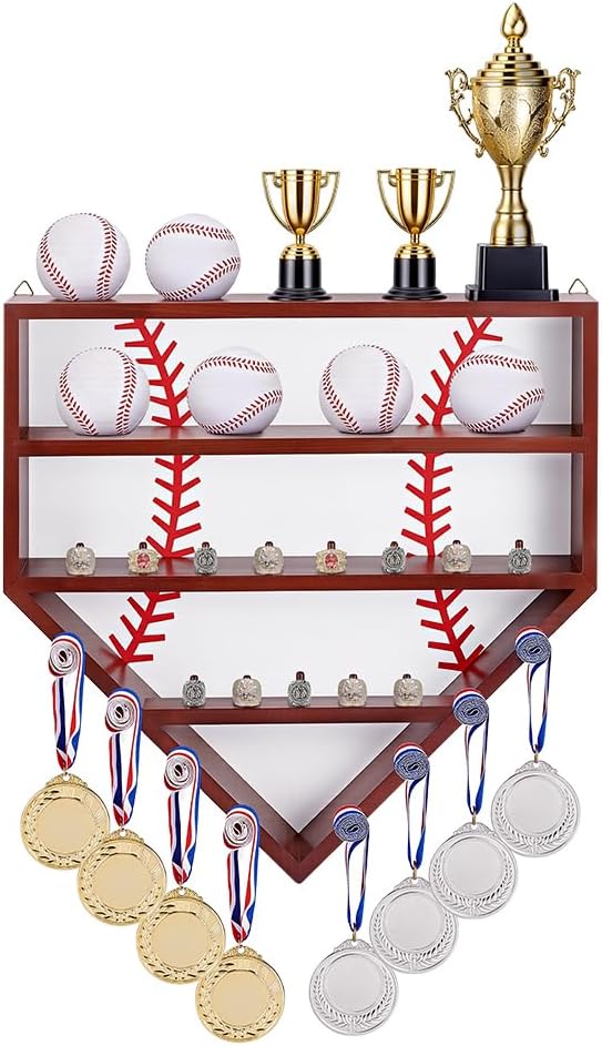 1 Set Baseball Display Case, 17 Inch Wall Mount Display Holder for Balls, Baseball Championship Ring Case for Balls, Medals, Trophies and Name Tags, Coconut Brown