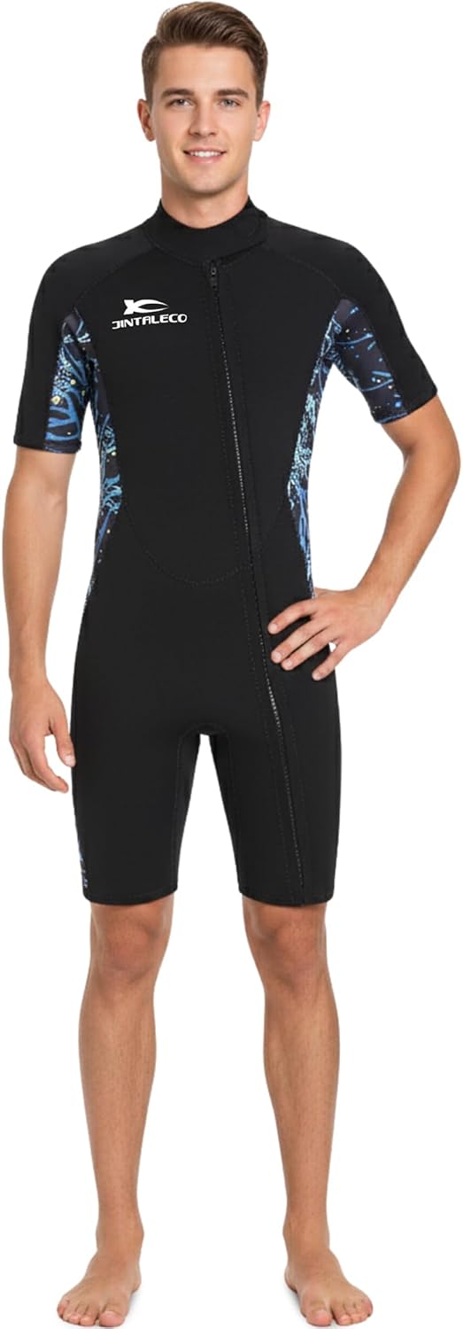 Mens Wetsuit, Front Zip Shorty Wetsuits for Men 3/2mm Neoprene Wetsuit with Short Sleeves for Swimming, Diving and Water Sports, Wetsuits for Temperature 12℃ & Above