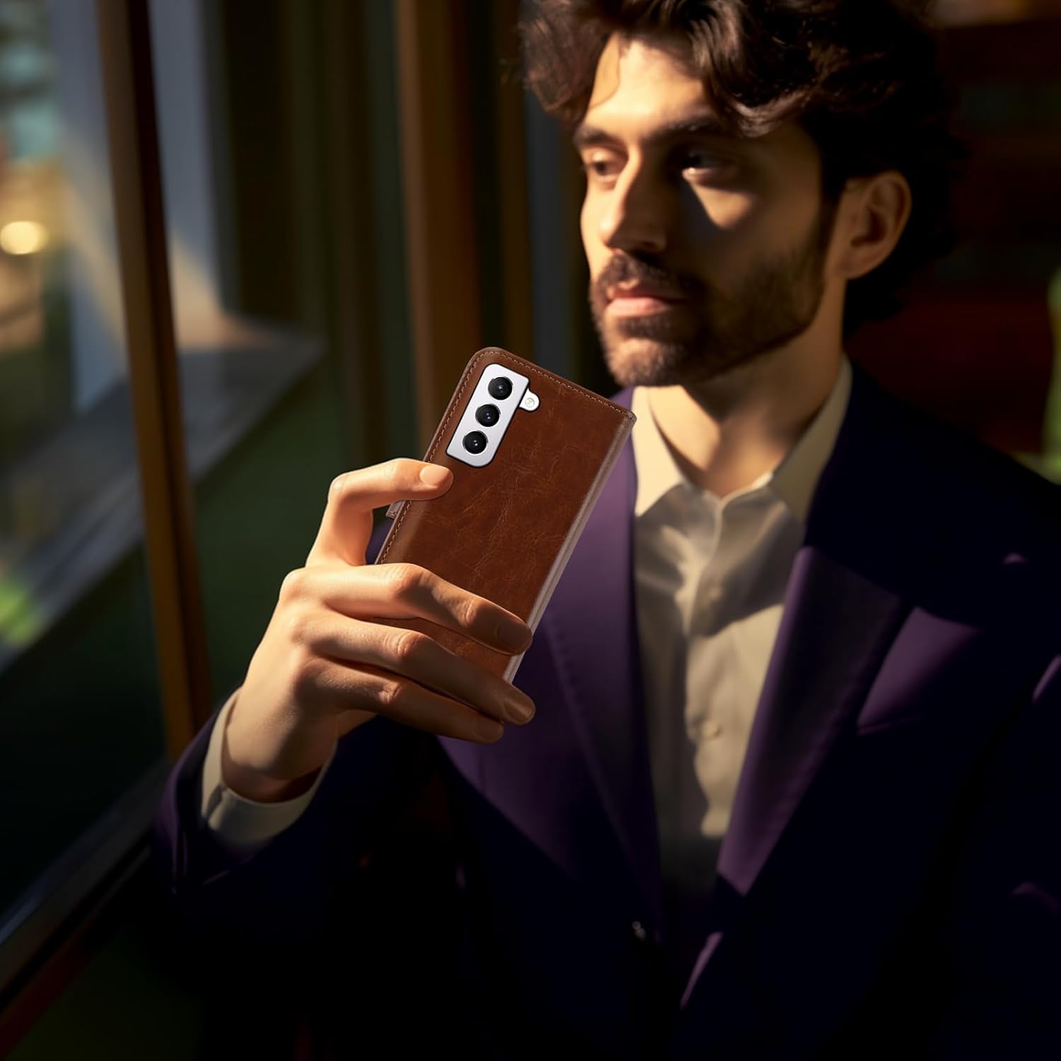 MONASAY Wallet Case Compatible for Galaxy S21 5G, 6.2 inch,[Screen Protector Included][RFID Blocking] Flip Folio Leather Cell Phone Cover with Credit Card Holder, Brown