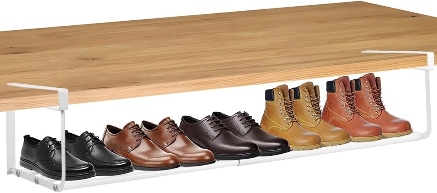 Under Cabinet Shoe Organizer Expandable, Retractable Under Shelf Shoe Rack, Adjustable Hanging Rack Storage, No Drilling Metal Organizer for Cupboard Kitchen, Shoe Shelf