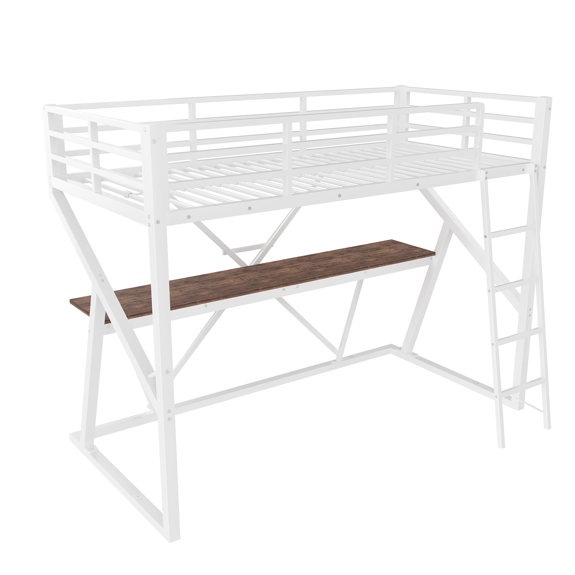 Cama alta de metal 90 x 200 cm, con luces LED, para niños, adolescentes y adultos, litera de metal con escritorio y escalera anticaídas, sin colchón (blanco)