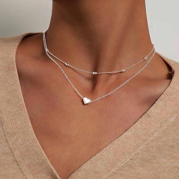 Aluinn Cute Heart Silver Choker Necklace for Women 18K Silver Layered Love Pendant Necklace Dainty Small Silver Necklace Gift for Women Everyday Wear3
