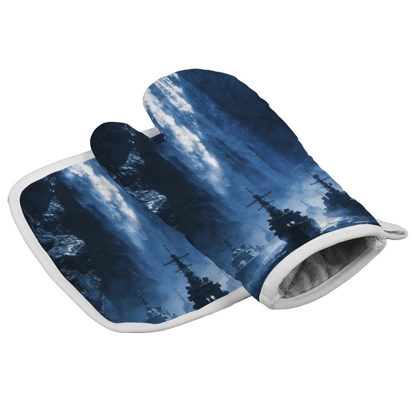 Fodpand Style Waterfall Navy Oven Mitt Set With Lanyard, Cooking Mitt, Protective Thermal Insulation,Kitchen Mitt For Baking, Cooking, Grilling, Microwave
