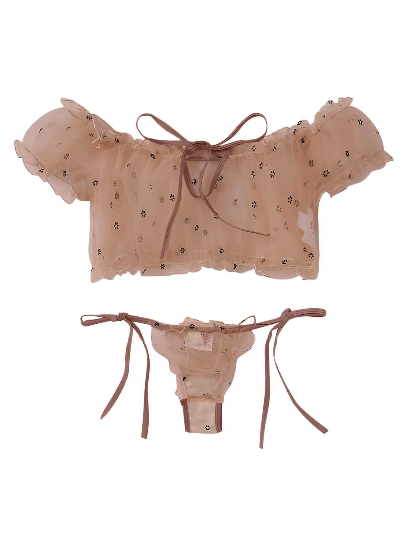 Lilosy Sexy Stretch Ruffle Tie Sheer Mesh Lingerie Set Outfits: 2X-Small Chiffon Black