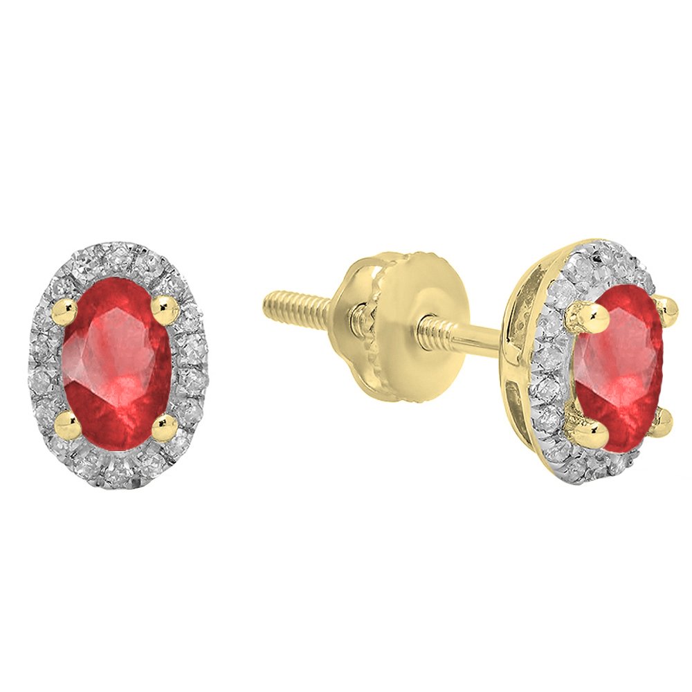 Dazzlingrock Collection 5X3mm Each Oval Lab Created Ruby & Round Diamond Womens Halo Stud Earrings, 10K Solid Yellow Gold
