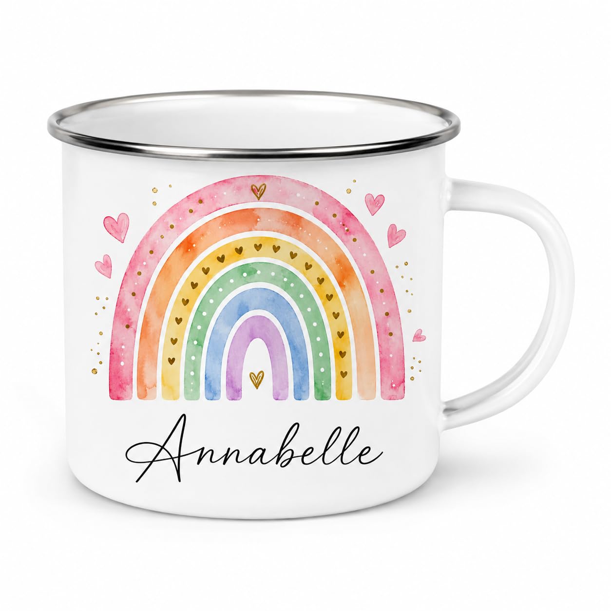 Personalised Children’s Enamel Mug – Toddler’s First Mug – Custom Kids Camping Mug – Cute Animal, Rainbow, Fairy & Princess Designs – Personalised Gift for Boys & Girls (Pink Rainbow Enamel Mug)