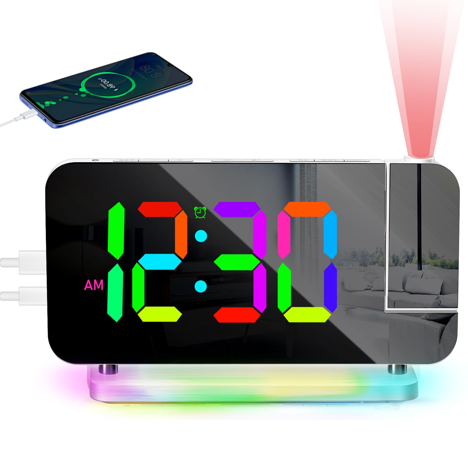 PORFOYO Sveglia con proiezione, sveglia con orologio LED RGB a specchio, 10 colori, luce notturna e proiettore girevole a 180°, sveglia digitale con USB-C, per camera da letto, bambini, ufficio
